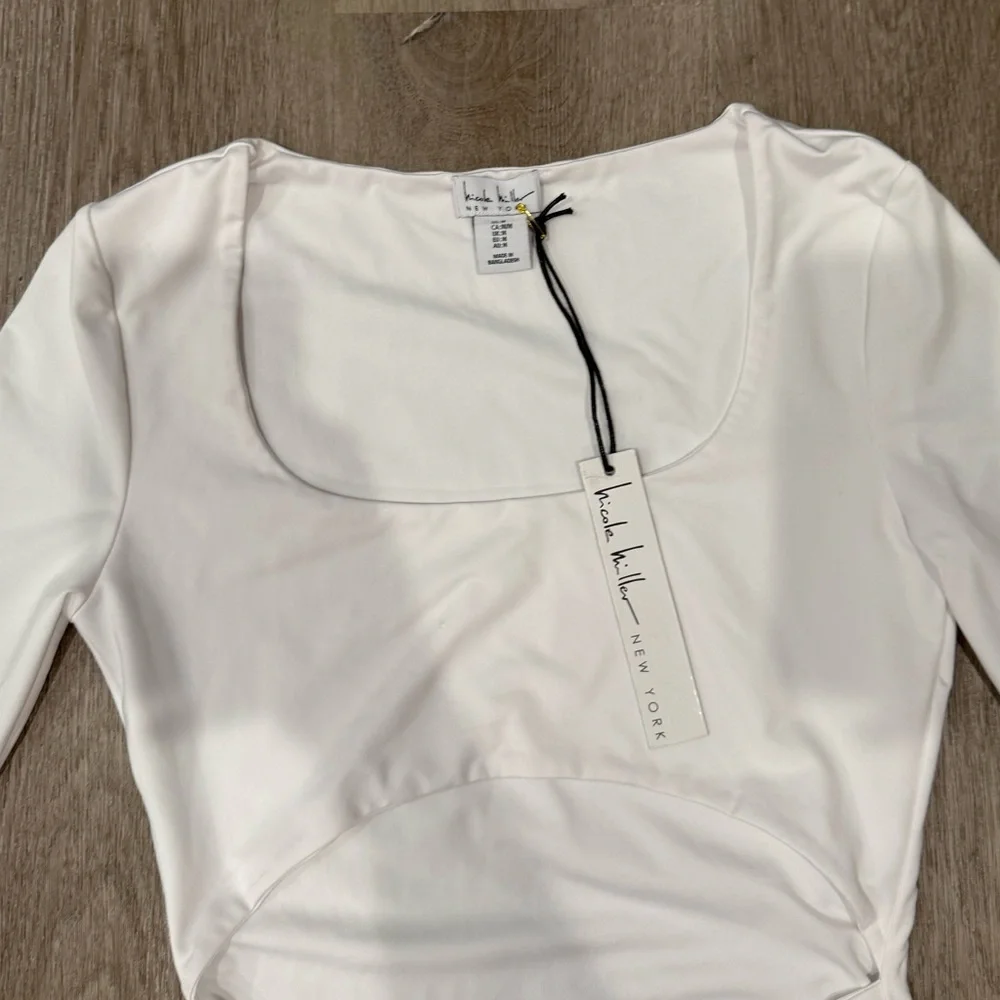 Nicole Miller White Cutout Maxi Dress Long Sleeve Ruched Bodycon M - Picture 5 of 6